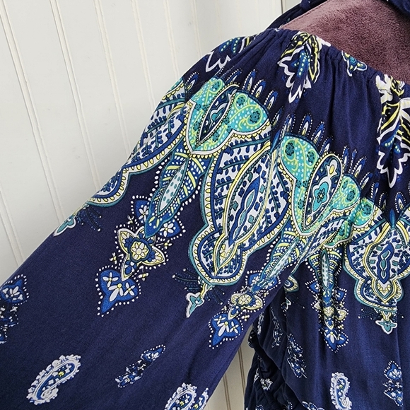 Kori America White Navy Blue Romper Off The Shoulder Tie Paisley Rayon Sz M - Picture 11 of 16